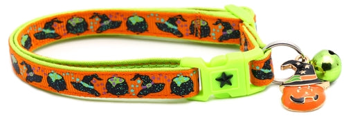 Witches Brew on Orange and Green Collar for Cats- 2 Sizes & 4 Options