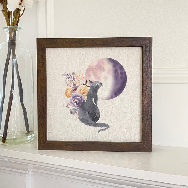 Floral Black Cat - Framed Sign