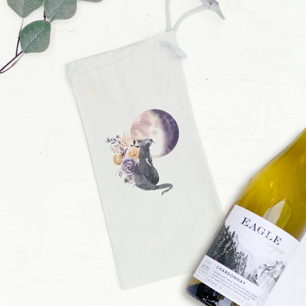 Floral Black Cat - Canvas Wine Bag