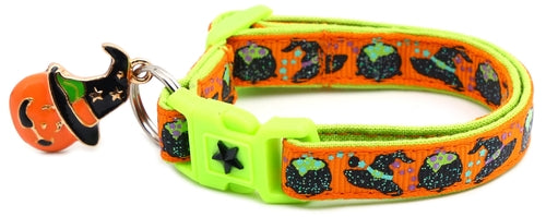 Witches Brew on Orange and Green Collar for Cats- 2 Sizes & 4 Options