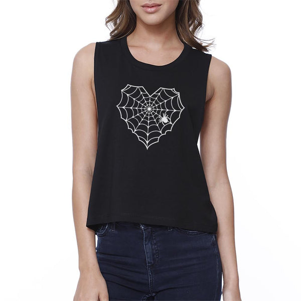 Heart Spider Web Crop Tank- Black