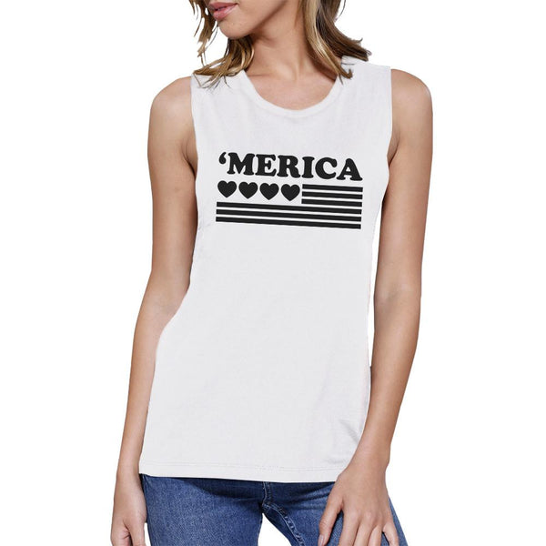'Merica American Flag & Hearts Women's Muscle Tee - White