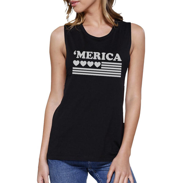 'Merica American Flag & Hearts Women's Muscle Tee - Black