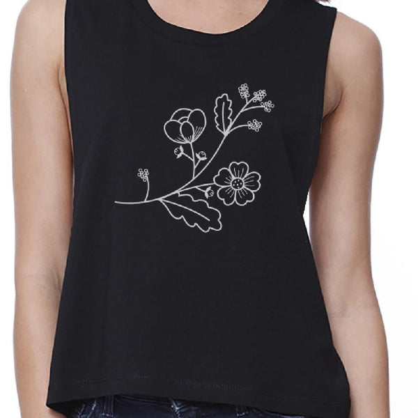 Floral Crop Tank- Black
