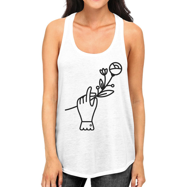 Hand Holding Flower Racer Back Women's Tank Top-  White