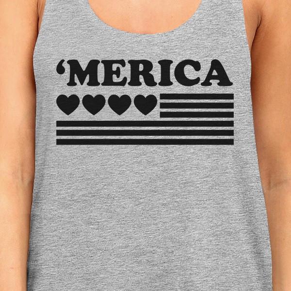 'Merica American Flag & Hearts Racer Back Women's Tank Top - Heather Grey