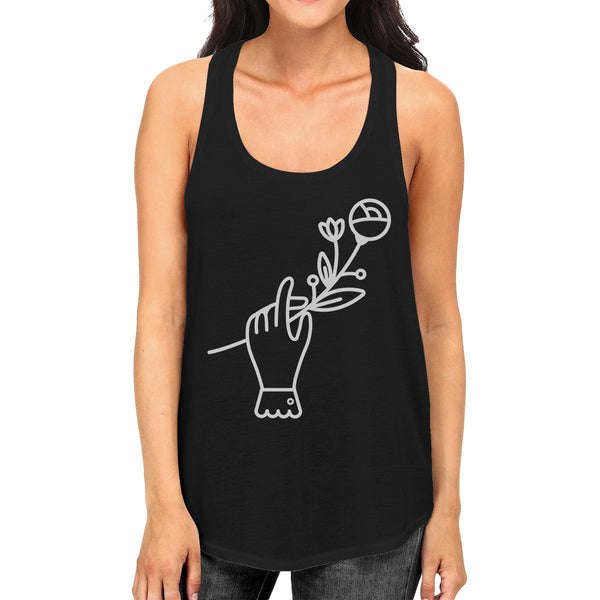 Hand Holding Flower Racer Back Women's Tank Top- Black
