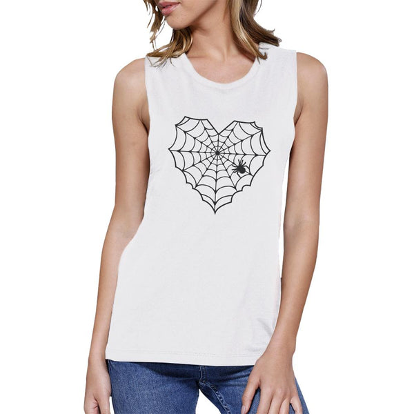 Heart Spider Web Women's Muscle Tee- White