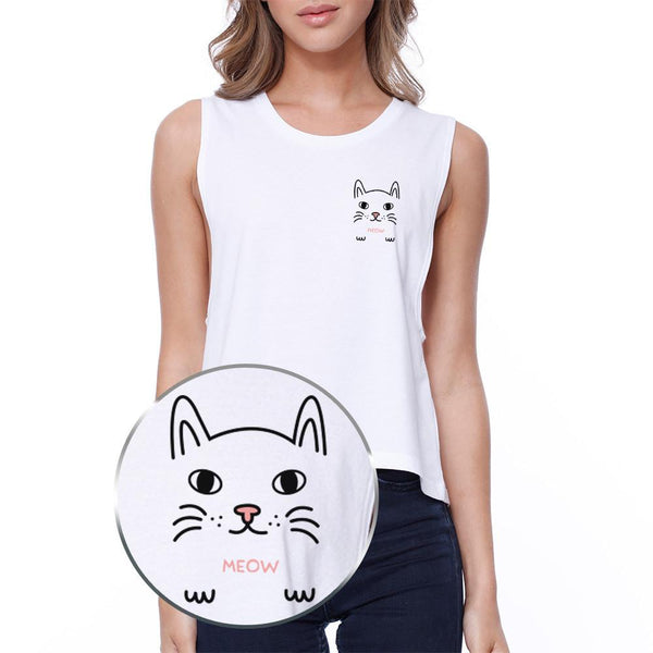 Meow Cat Pocket Crop Tee- White