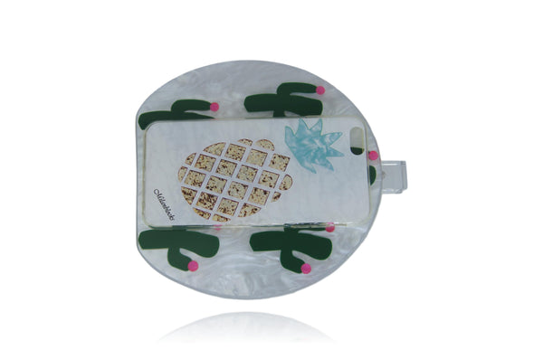 Pearl White & Green Cactus Acrylic Round Box Clutch