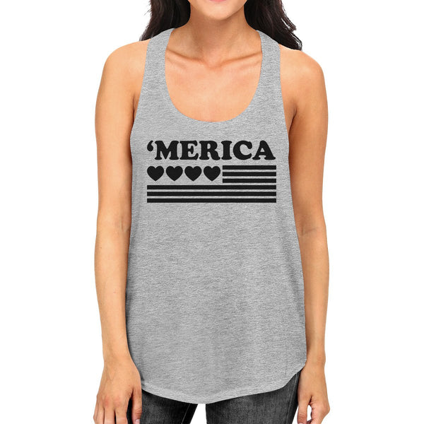 'Merica American Flag & Hearts Racer Back Women's Tank Top - Heather Grey