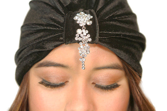 Black Velvet Cascading Crystals Turban close up
