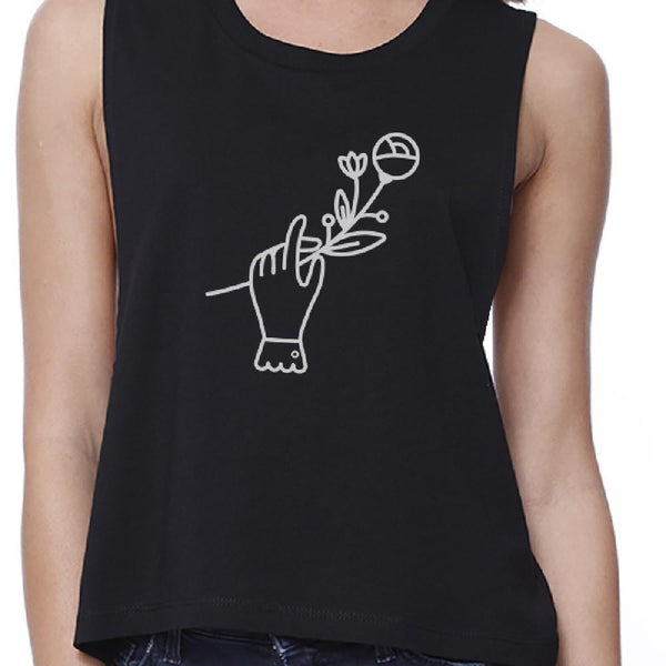 Hand Holding Flower Crop Tank- Black