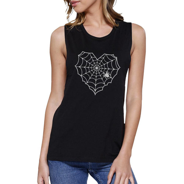 Heart Spider Web Women's Muscle Tee- Black