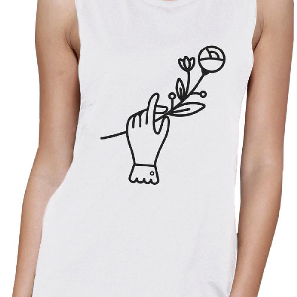 Hand Holding Flower Muscle Tank- White