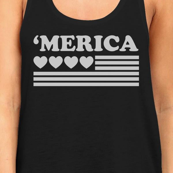 'Merica American Flag & Hearts Racer Back Women's Tank Top - Black