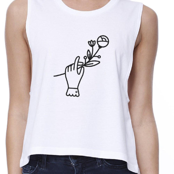 Hand Holding Flower Crop Tank- White