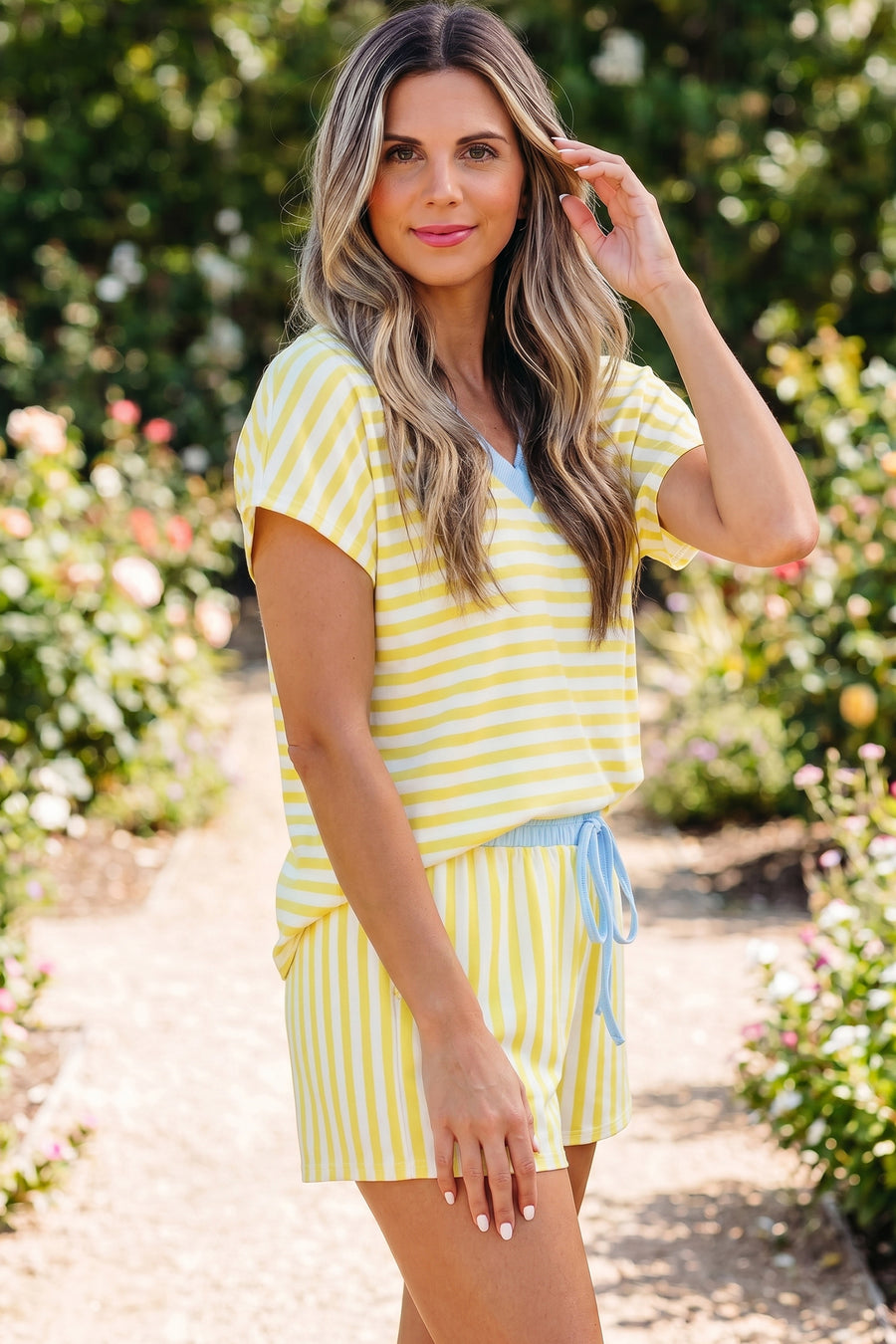 Striped Contrast Trim V-Neck T-Shirt and Drawstring Elastic Waist Shorts Set- 4 Colors