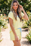 Striped Contrast Trim V-Neck T-Shirt and Drawstring Elastic Waist Shorts Set- 4 Colors