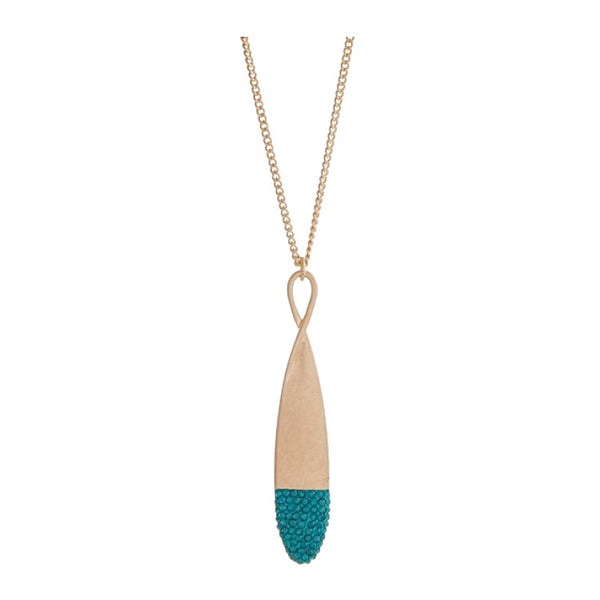 Burnished Gold Tone Necklace with Teardrop Rhinestone Pendant- Aqua