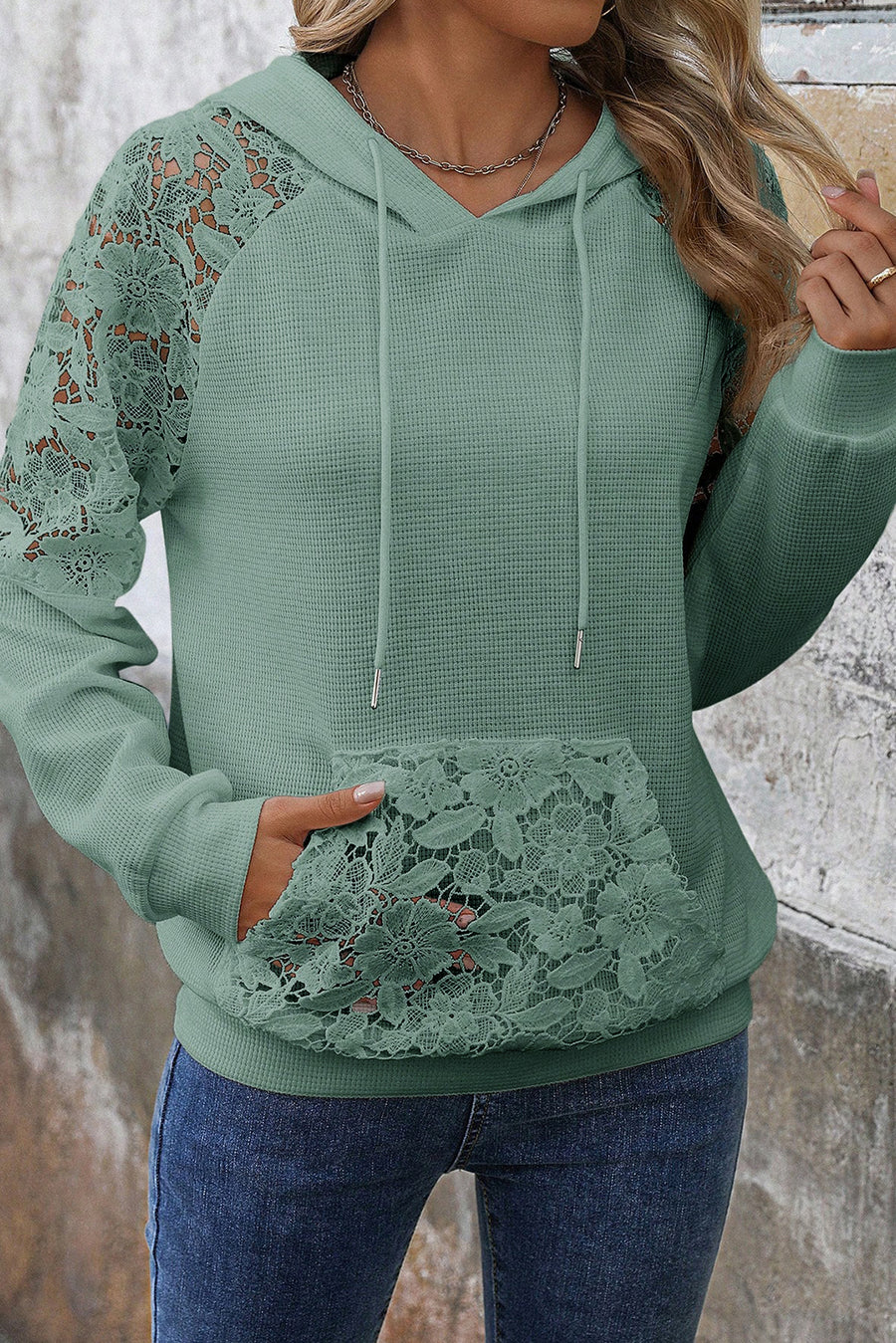 Lace Patchwork Raglan Sleeve Waffle Knit Hoodie with Pockets- 2 Colors