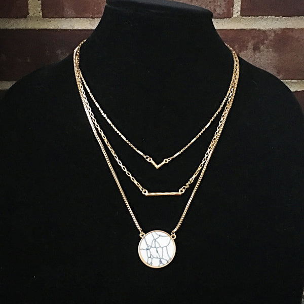 Triple Layer Gold Tone Necklace with Pendant- Howlite