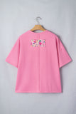 Pink Floral Patched Exposed Seam Oversized T-Shirt- 2 Colors