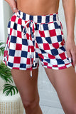 Red and Navy Checkered Print Elastic Waist Shorts