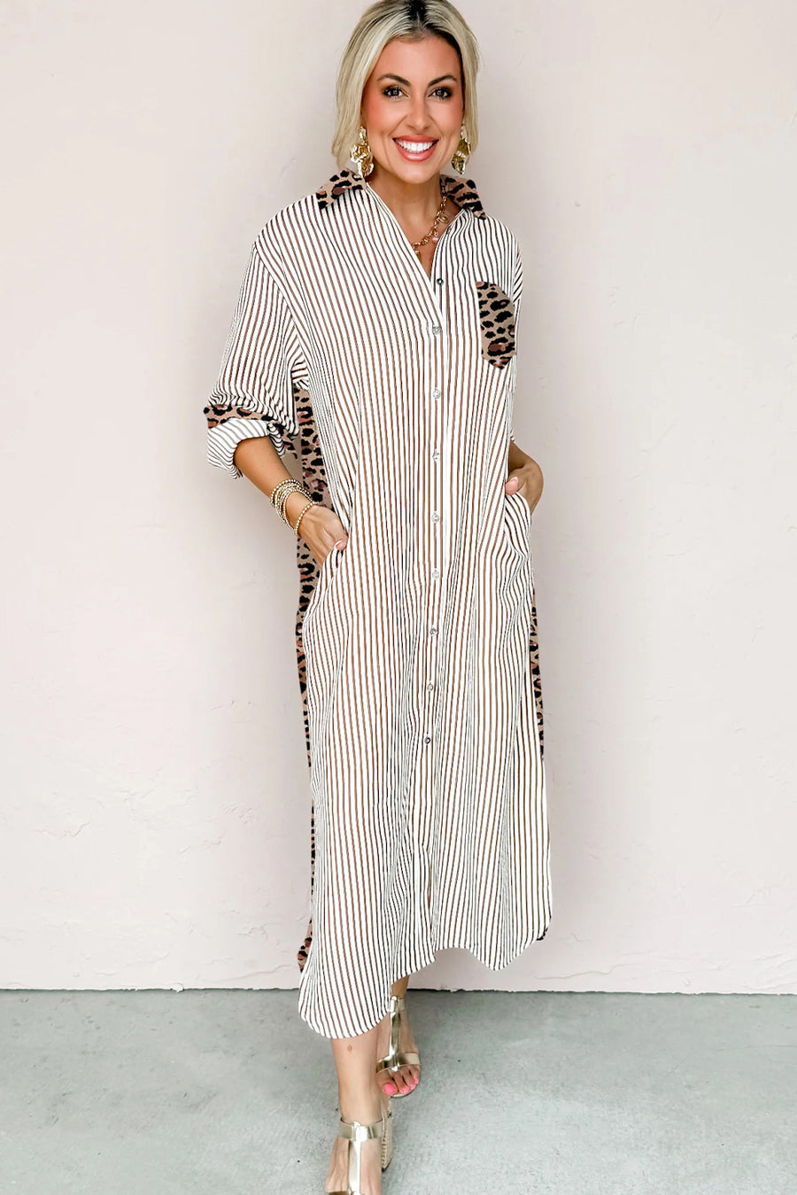 Striped Contrast Trim Leopard Patchwork Long Sleeve Midi Shirt Dress- 2 Colors