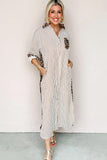 Striped Contrast Trim Leopard Patchwork Long Sleeve Midi Shirt Dress- 2 Colors