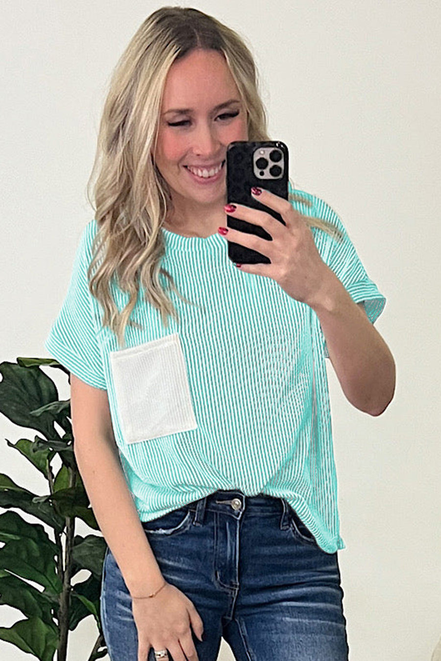 Twist Ribbed Color Block Pocket Crew Neck T-Shirt- 4 Colors