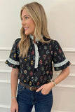 Black Floral Contrast Trim Frilled Neck Ruffled Short Sleeve Blouse