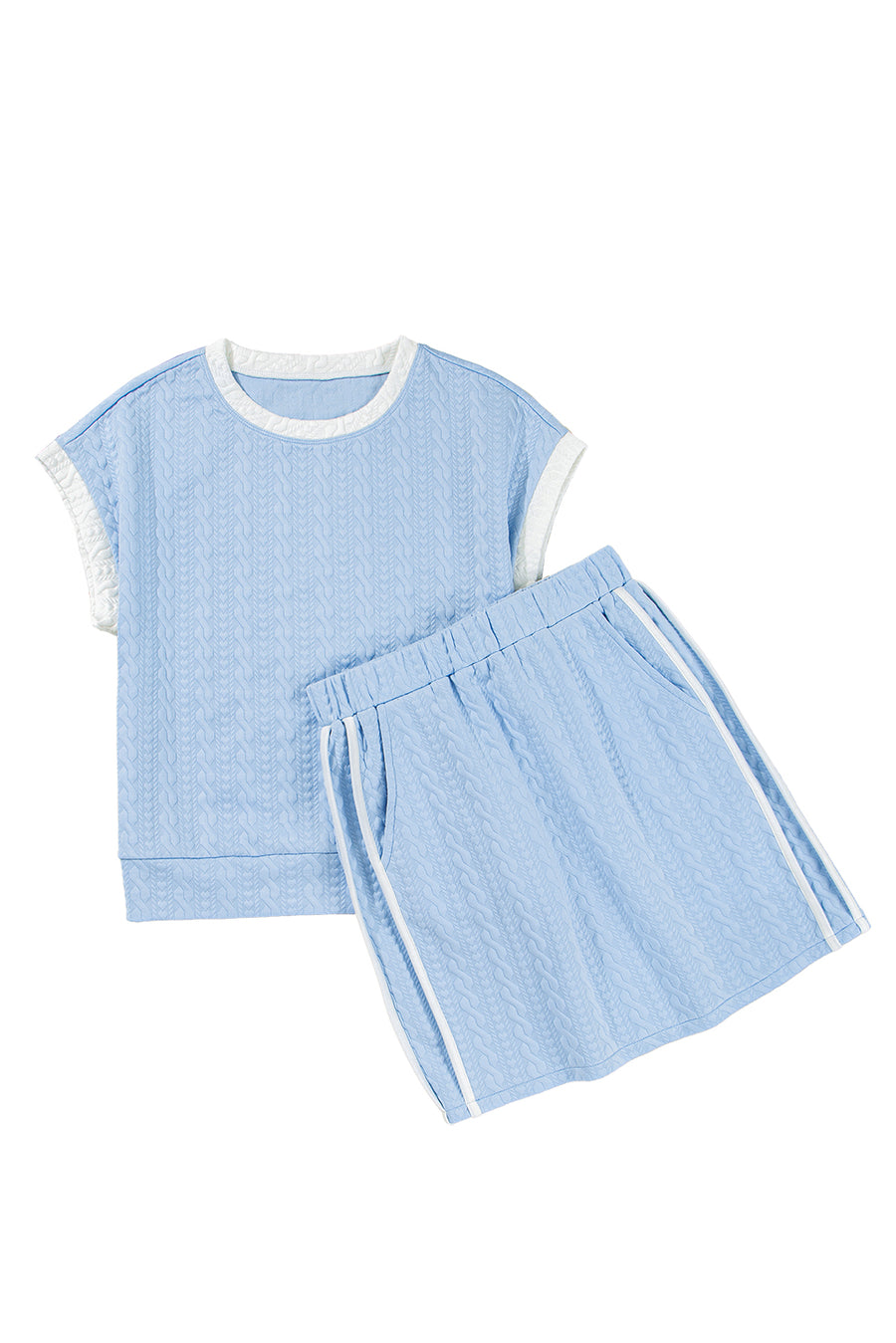 Contrast Trim Textured Crew Neck Top and Pocketed Skirt Set- 2 Colors