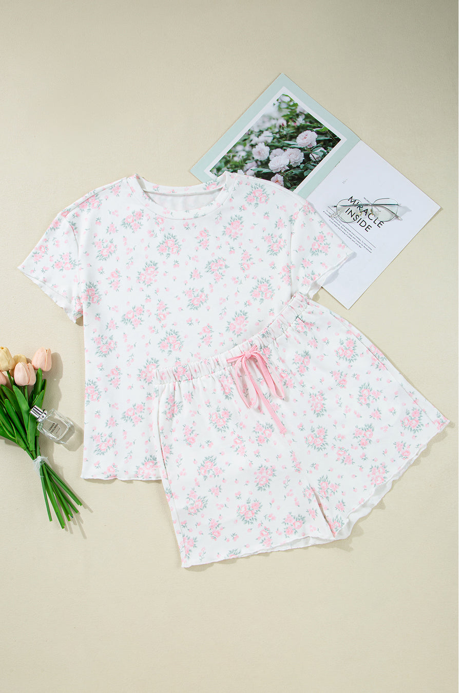 Pink Floral Print Lettuce Trim Short Sleeve Top and Shorts Pajama Set