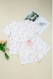 Pink Floral Print Lettuce Trim Short Sleeve Top and Shorts Pajama Set