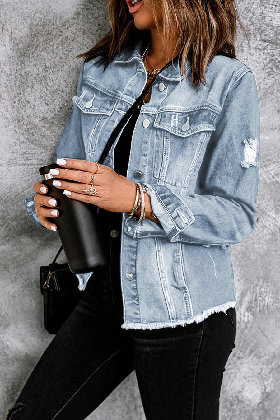 Light Blue Distressed Ripped Raw Hem Denim Jacket