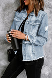 Light Blue Distressed Ripped Raw Hem Denim Jacket