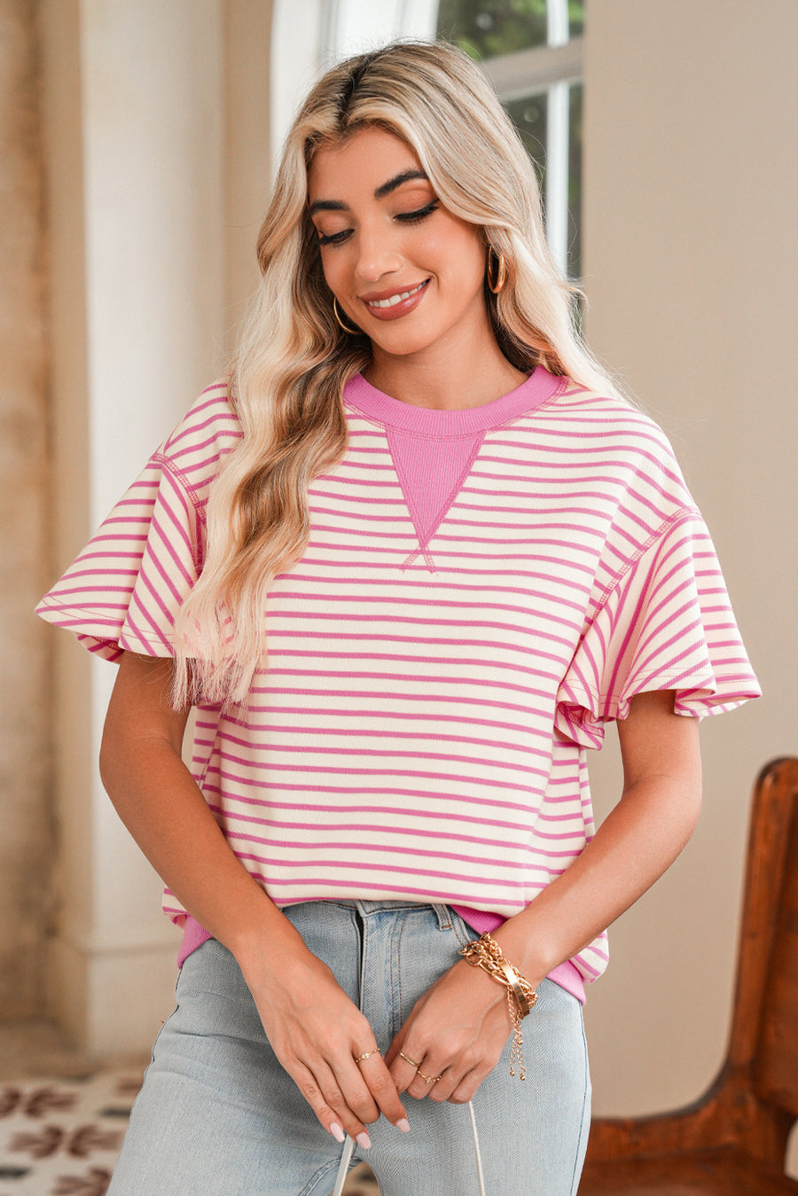 Striped Ruffle Sleeve Crew Neck T-Shirt- 3 Colors