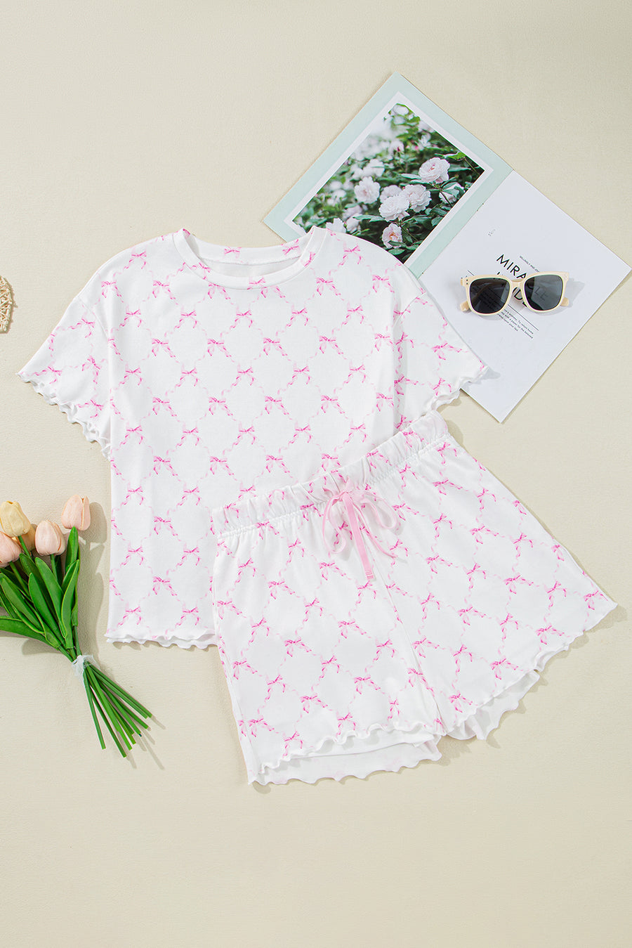 Pink Bow Print Lettuce Trim Short Sleeve Top and Shorts Pajama Set