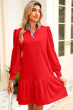 Striped Collar Long Sleeve Ruffle Hem Dress- 2 Colors