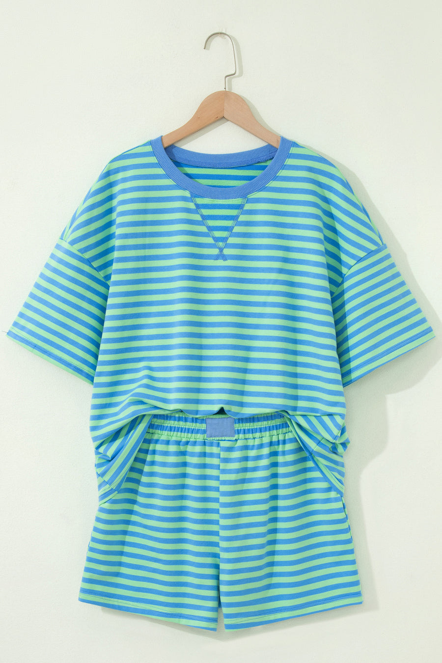 Striped Ribbed Short Sleeve T-Shirt and Shorts Set- 3 Colors