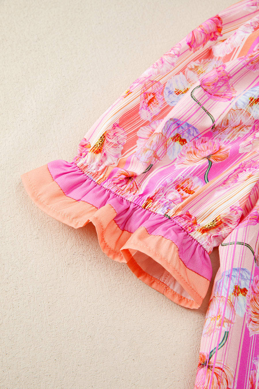 Pink Poppy Floral Striped Color Block Trim V-Neck Ruffled Short Sleeve Blouse
