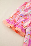 Pink Poppy Floral Striped Color Block Trim V-Neck Ruffled Short Sleeve Blouse
