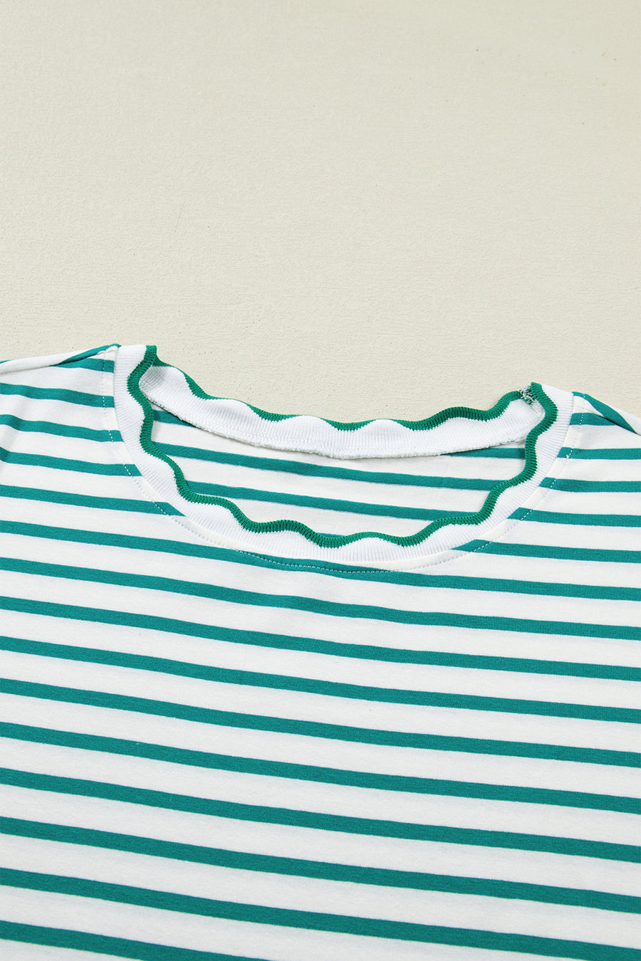 Striped Scalloped Trim Crew Neck Short Sleeve T-Shirt- 5 Colors