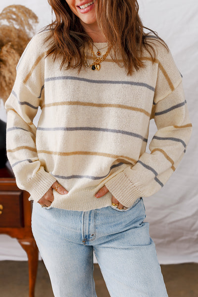 Brown Striped Ribbed Edge Drop Shoulder Sweater