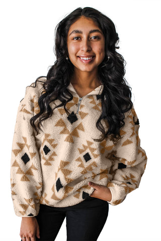 Khaki Geometric Print Sherpa Quarter Zip Collar Sweatshirt
