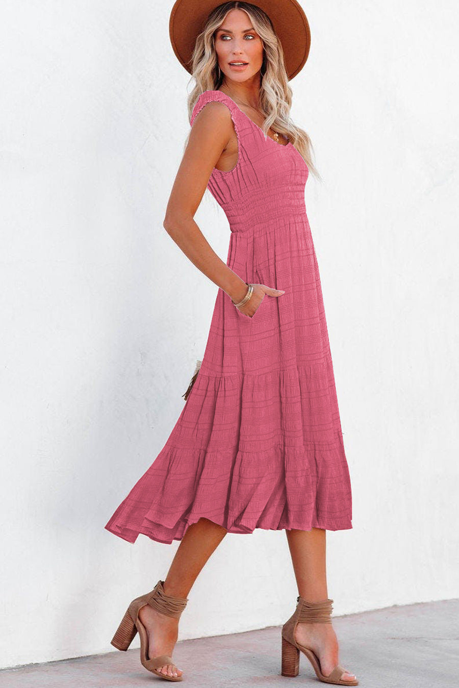 Green Shirred Pleated Square Neck Sleeveless Midi Dress