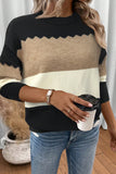 Color Block Crew Neck Drop Shoulder Scallop Detail Sweater- 3 Colors