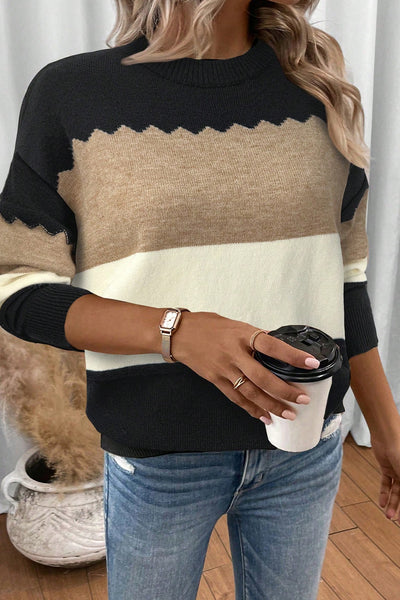 Black Colorblock Crew Neck Drop Shoulder Sweater