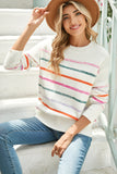 Multicolored Striped Ribbed Trim Crew Neck Sweater- 2 Colors